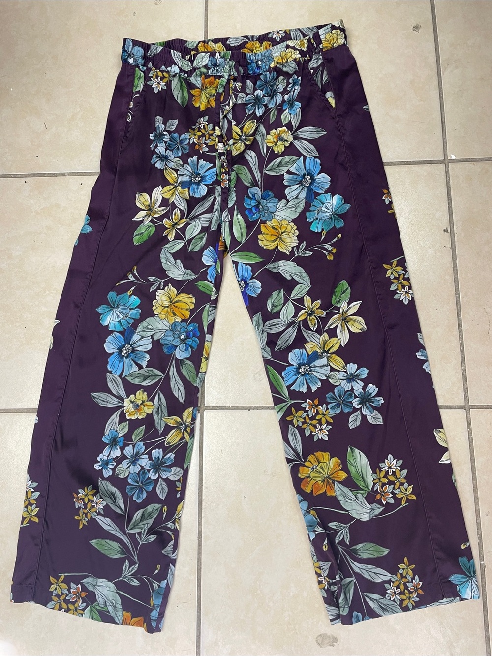 Johnny Was Purple Floral Wide-Leg Pants with Blue & Yellow Blooms